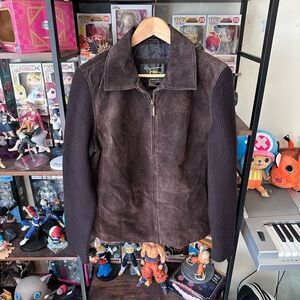Vintage Fabio Brown Leather Jacket Women’s L Knit Sleeve Zip Front